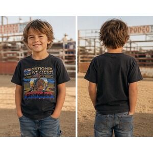 Vintage 80s Cal Cru National Western Stock Show Rodeo T-Shirt Youth XS Black USA